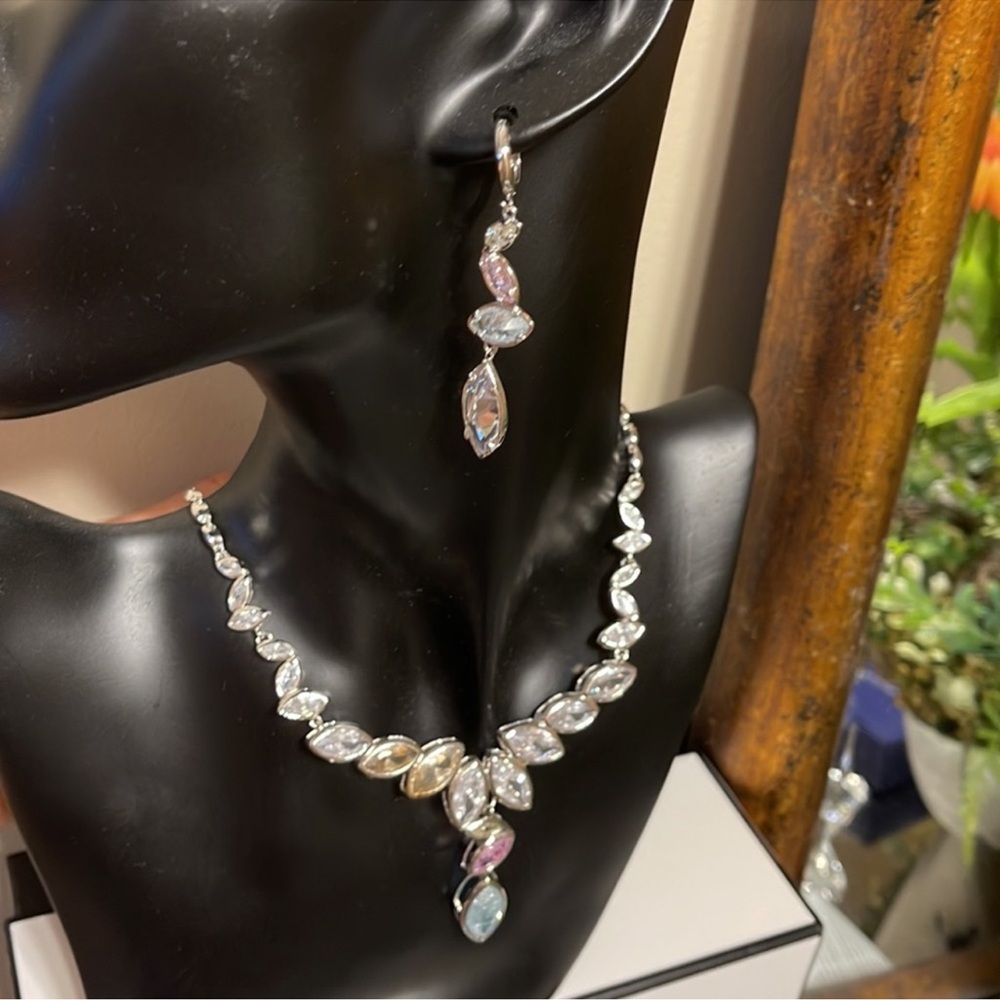 Brazilian Gold Elegant Silver and Pink Gemstone Necklace and Earring Set